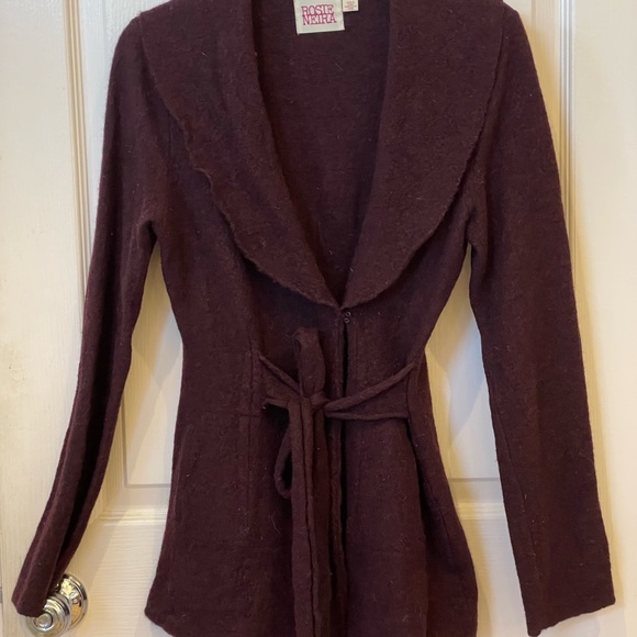 Rosie Neira shawl collar wool jacket w/waist tie burgundy - Picture 5 of 8